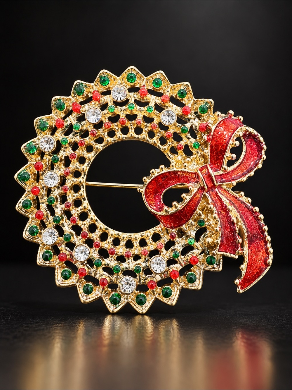 Vintage Christmas Wreath Brooch Gold Red Bow Rhinestone Holiday Pin